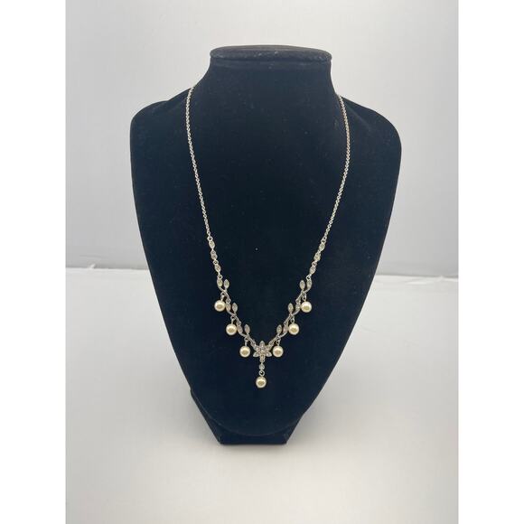 Vintage  Crown PD Delicate Faux Pearl Silver tone Chain Y Drop Necklace B18 - Picture 11 of 11